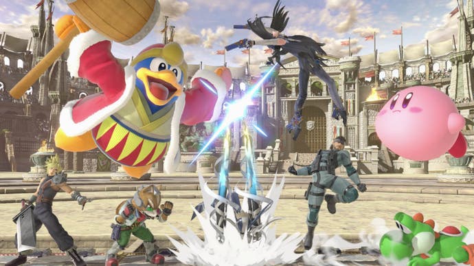 A bunch of different characters fighting in Super Smash Bros Ultimate, including Kirby, Yoshi, and Bayonetta.