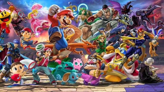 A large number of the roster of Super Smash Bros. Ultimate duking it out in key art for the game.