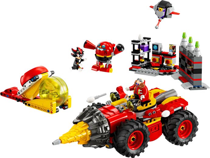 Image of Super Sonic vs Egg Drillster Lego set with Robotnik riding vehicle with giant drill