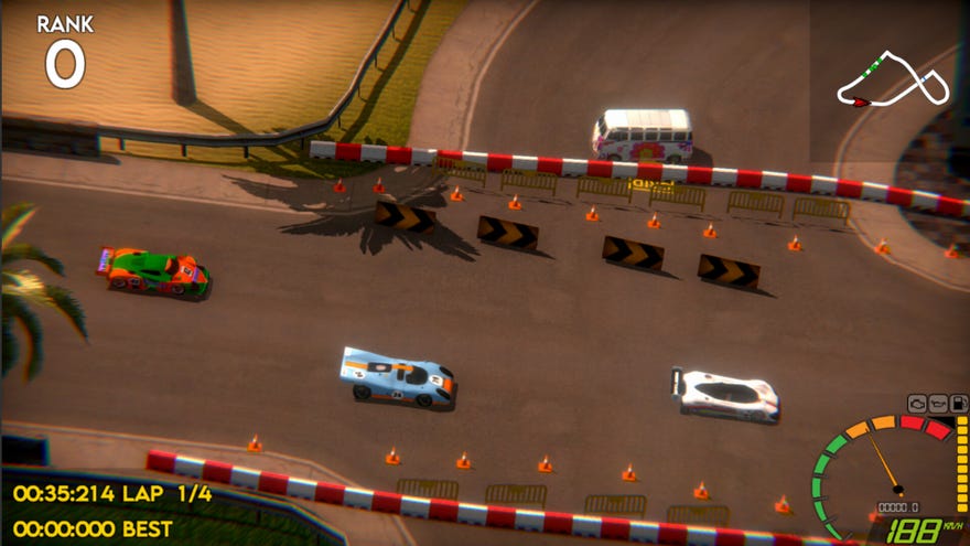 Cars racing round a track as viewed from above in retro racer Super Woden GP 2.