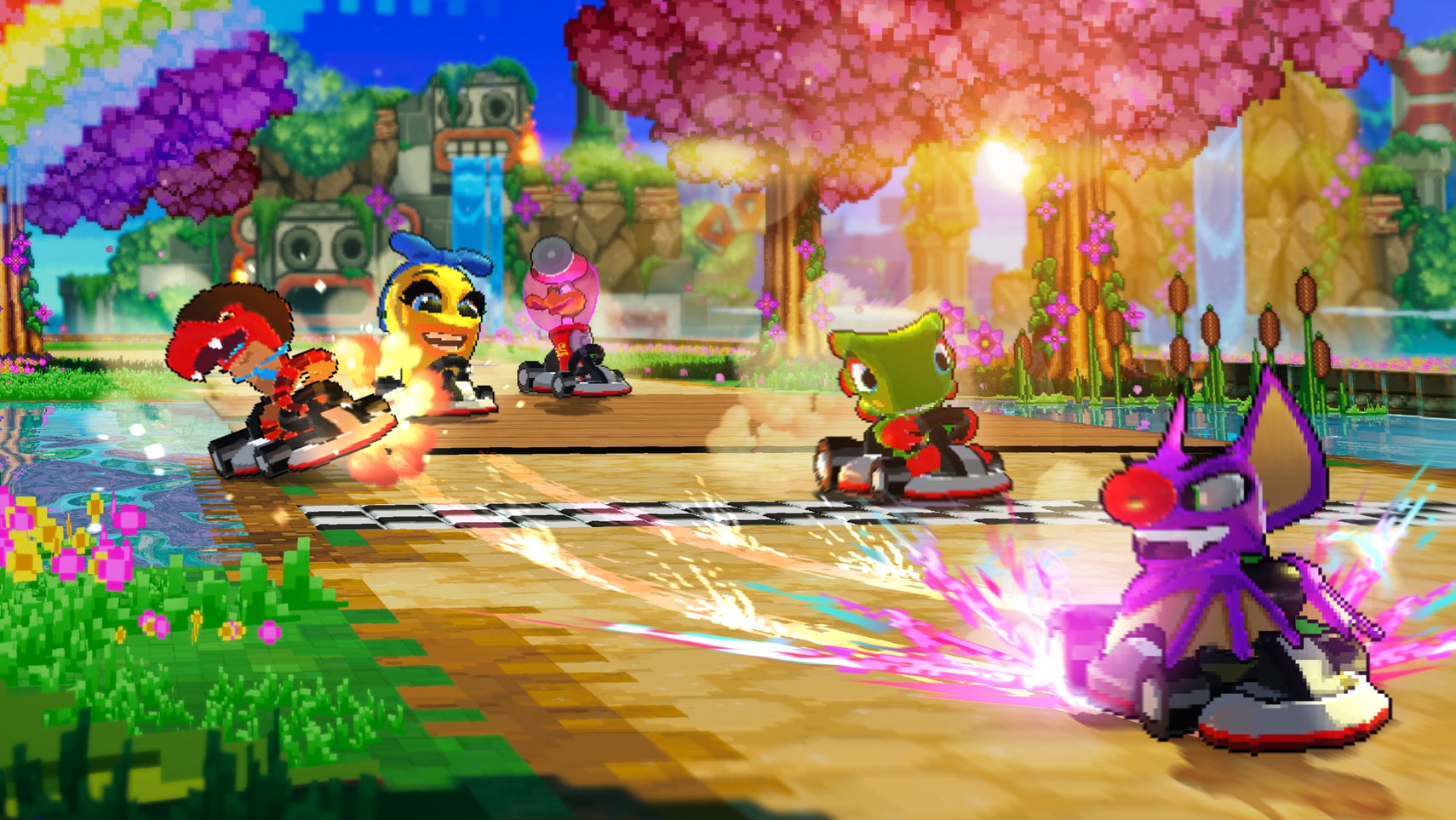 Super Yooka-Laylee Kart screenshot showing racers battling it out across retro-styled woodland track.