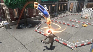 Gameplay from Super Mario Odyssey's New Donk City shows Mario possess a man, buy a fedora, and explore some improbably colourful sewers