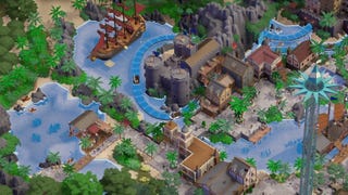 A Parkitect screenshot showing colourful low-poly theme park rides surrounding a lake, all viewed from an isometric perspective.