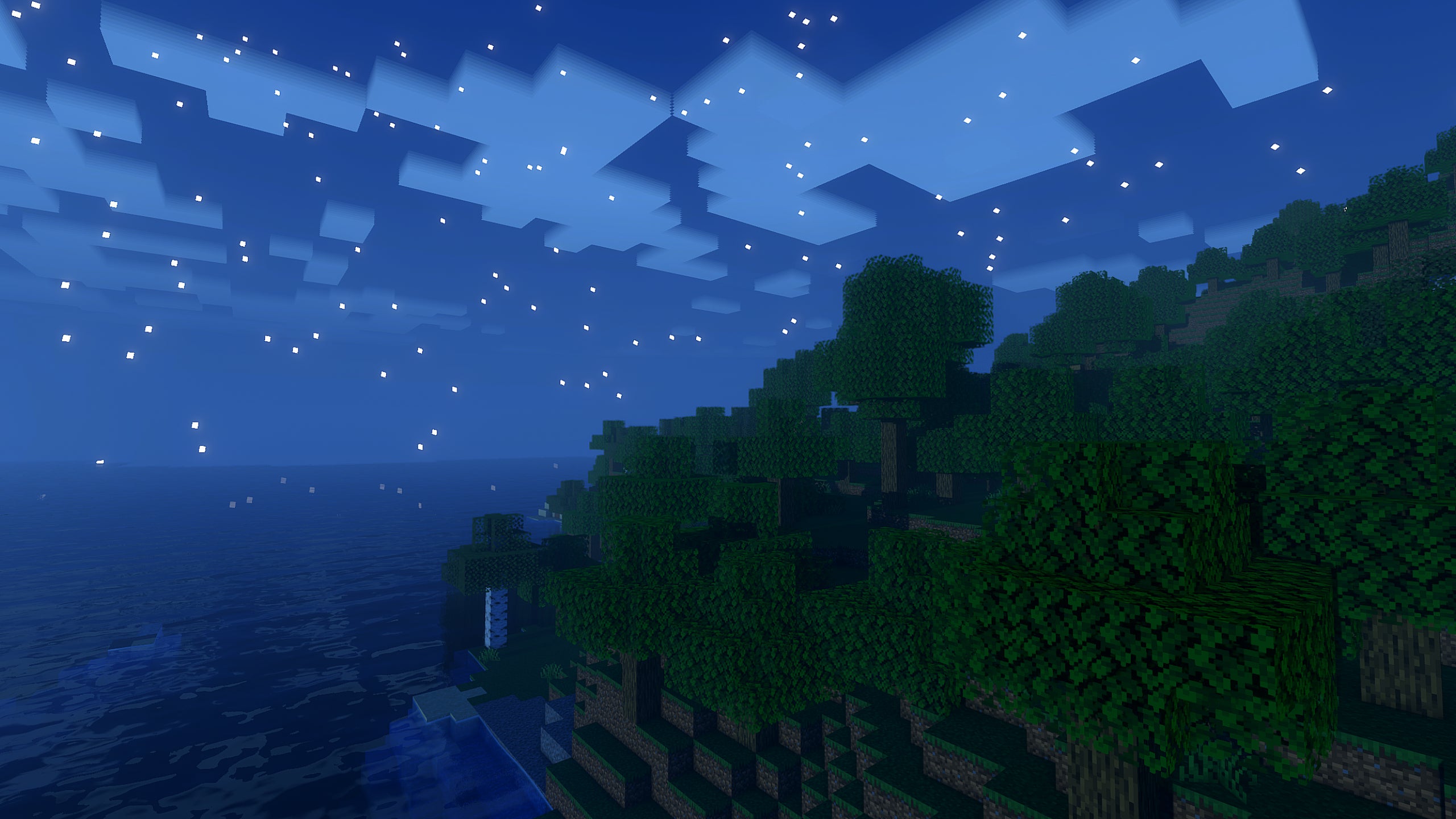 A night sky over a coastal forest in Minecraft with Super Duper Vanilla Shaders installed.