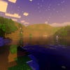 A screenshot of a river in Minecraft, with some trees on either side of the bank and a hill in the distance, taken using SuperDuperVanilla shaders.