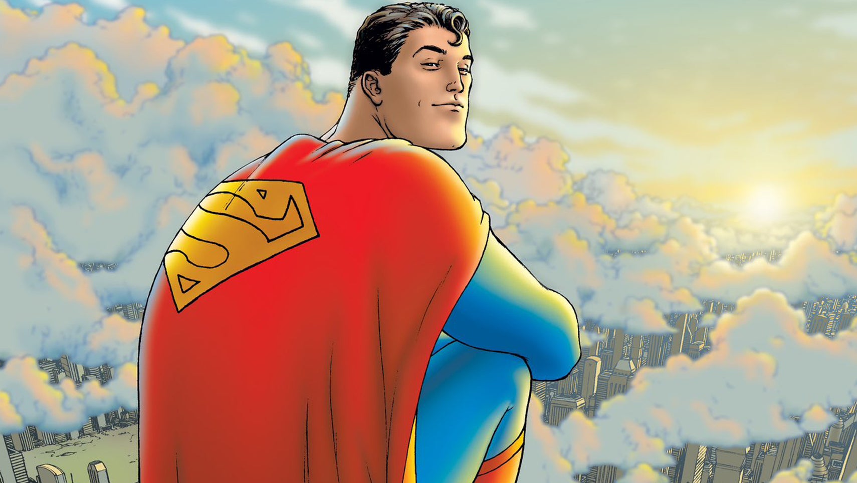 Comic Book art of Superman sat high up on a skyscraper overlooking a city at sunrise, smiling into the camera. - 1