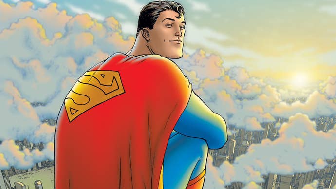 Comic Book art of Superman sat high up on a skyscraper overlooking a city at sunrise, smiling into the camera.
