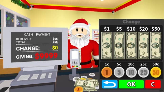 Artwork for the Roblox game Supermarket Simulator showing a cashier serving a customer dressed like Santa Claus at a till.