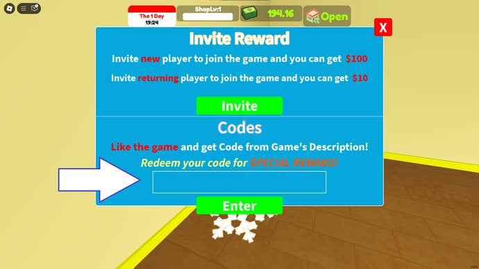 A screenshot of Supermarket Simulator in Roblox showing the game’s codes field.