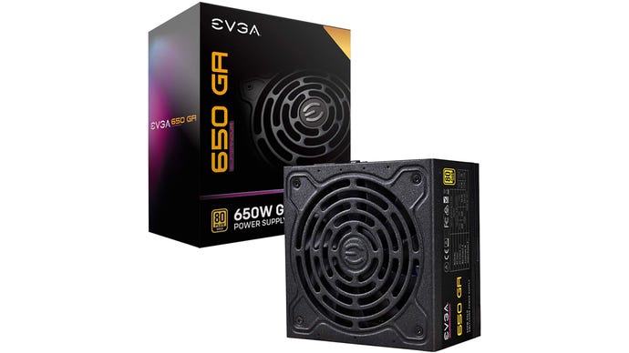 a photo of a shiny evga ga 650w gold power supply unit (psu)
