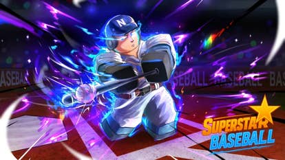 Artwork for the Roblox game Superstar Baseball, showing an anime-style character wearing a baseball uniform who is hitting a ball with a bat. A powerful glow surrounds the character, with the glow also around the bat and the ball being hit.