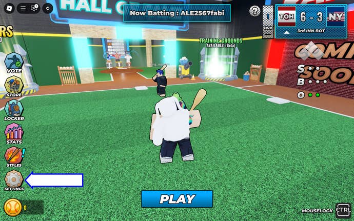 A screenshot of Superstar Baseball in Roblox showing the game's settings button.