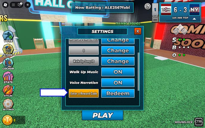 A screenshot of Superstar Baseball in Roblox showing the game's codes field.