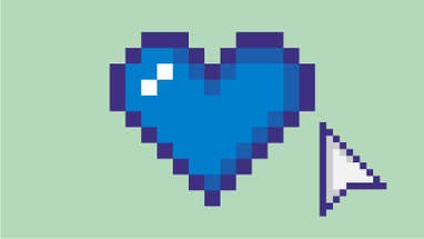 A big blue pixelated heart on a pale green background, with a pointed mouse cursor hovering nearby.