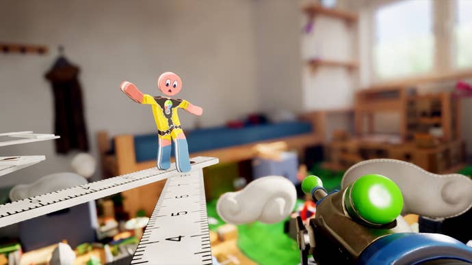 A toy-like figure balances on a ruler in Supraworld.