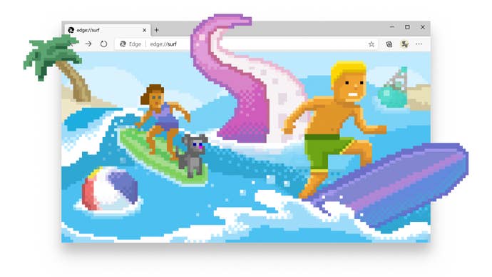 A colourful pixelated illustration showing people surfing.