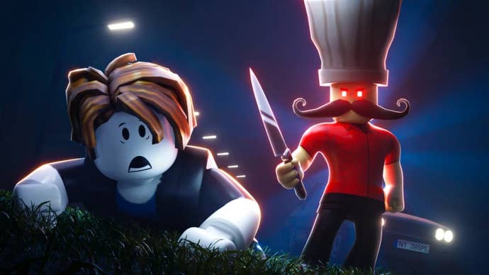 Artwork for the Roblox game Survive The Killer, showing a Roblox character trying to escape from an evil-looking enemy.