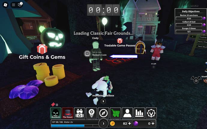 A screenshot of Survive the Killer in Roblox showing the game’s codes NPC.