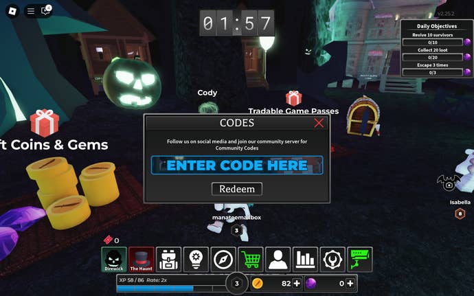 A screenshot of Survive the Killer in Roblox showing the game’s codes screen.