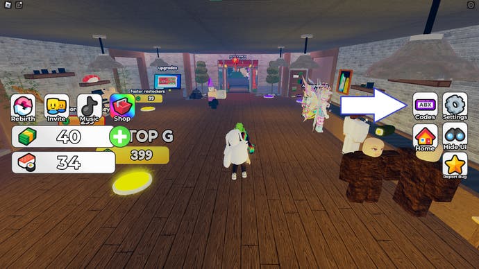 A screenshot from Make Sushi and Prove Dad Wrong in Roblox showing the game's codes button.