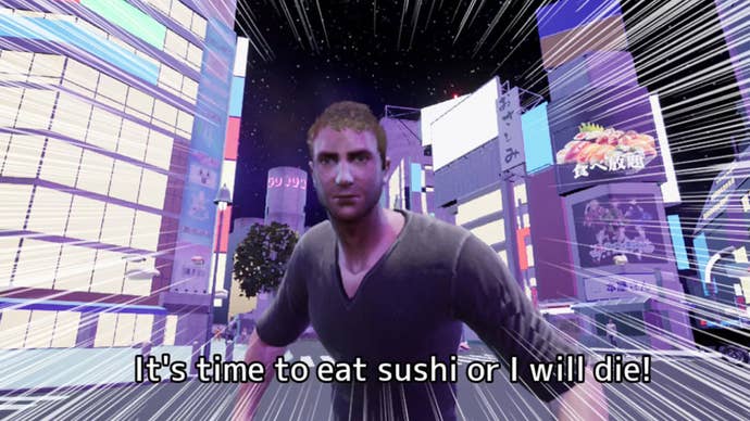 A man stood in Shibuya shouting: “It’s time to eat sushi or I will die!” in Sushi Soul Universe.