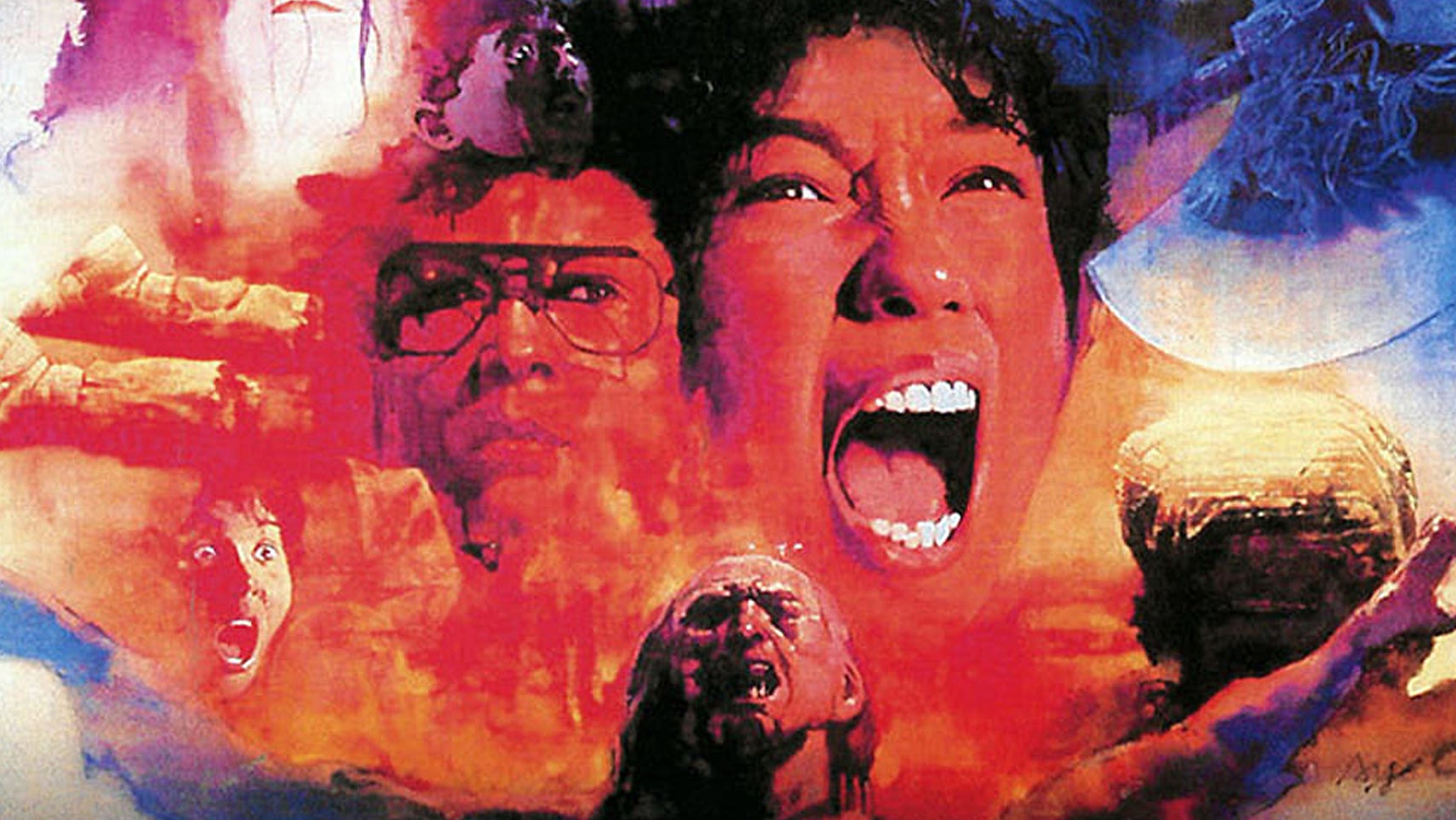 A floating head poster of a person screaming, another person with glasses looking concerned, and some kind of ghostly person holding their arms outstretched. - 1