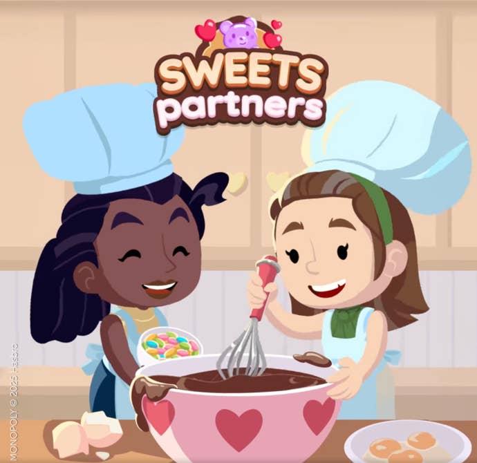 Graphics for the Monopoly Goet Partners party, showing two characters in the style of cartoons, baking a cake.