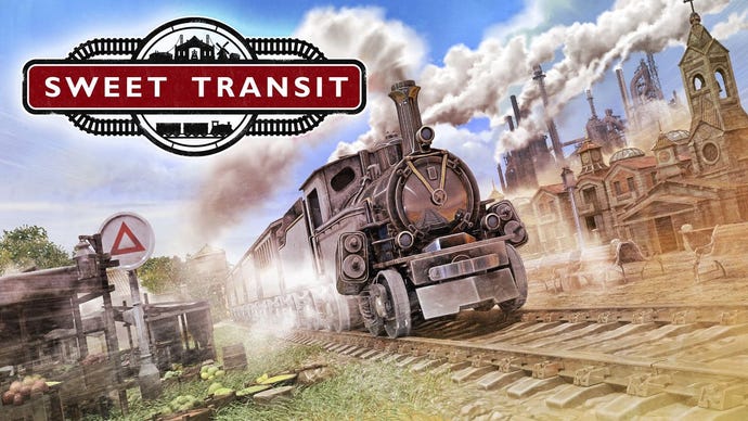 A steam train chuffing through a town with the Sweet Transit logo in top left.