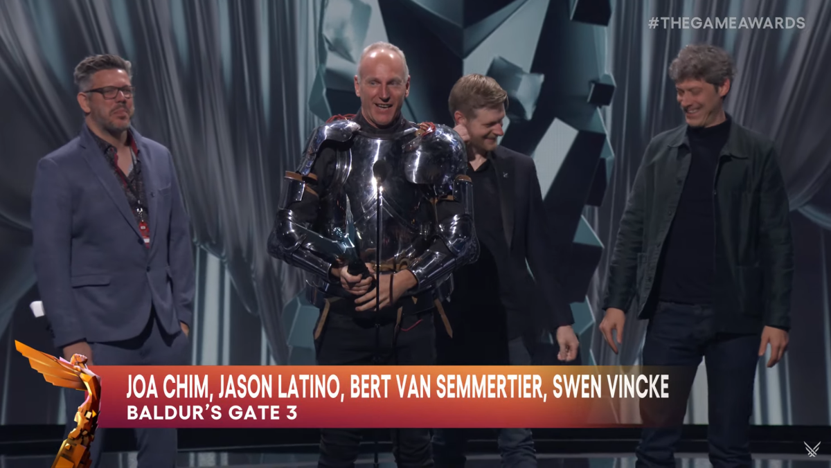 Swen Vincke, Joa Chim, Jason Latino and Bert Van Semmertier accepting Larian's GOTY award for Baldur's Gate 3 during the Game Awards 2023