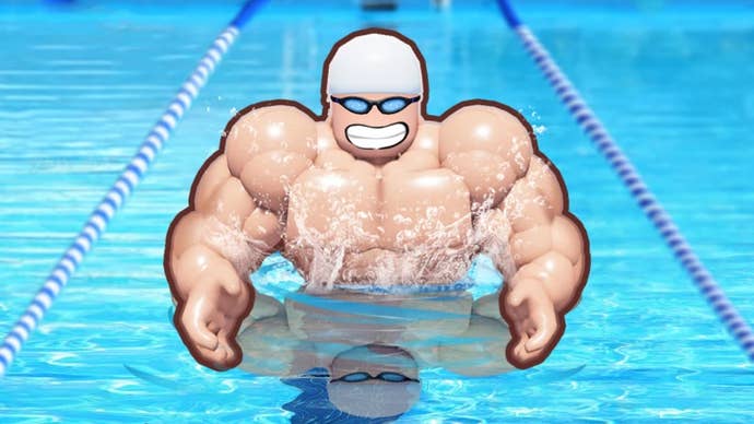 Artwork for the Roblox game Swim League, showing a muscular, cartoon-style character in a swimming pool.