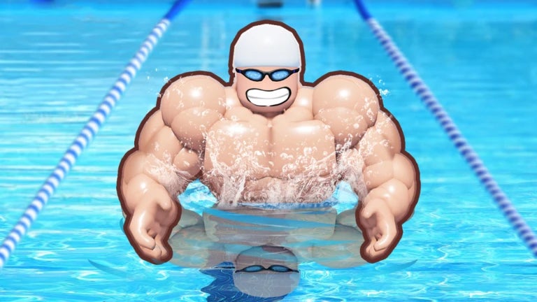 Artwork for the Roblox game Swim League, showing a muscular, cartoon-style character in a swimming pool. - 1