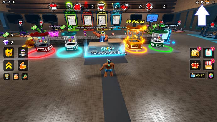 A screenshot from Swim League in Roblox showing the game’s settings button.