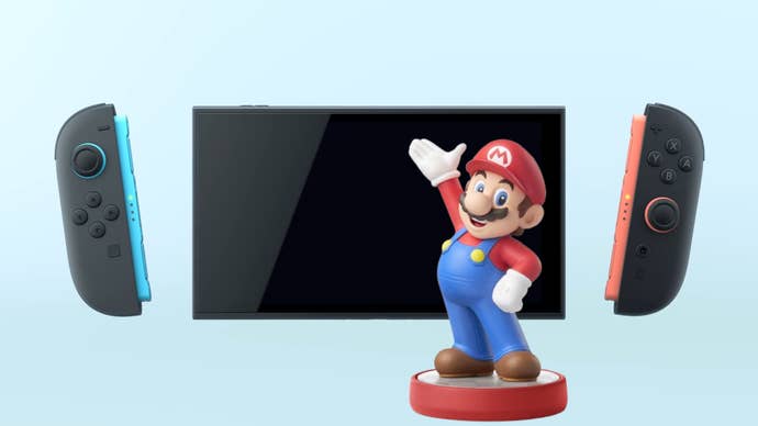 Screenshot of Switch 2 console from trailer with Mario Amiibo in front of it