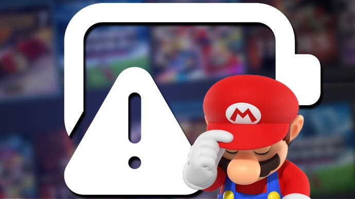 Mario looks dejected and sad, pulling at the peak of his cap, against a battery warning sign and a blurred grid of images