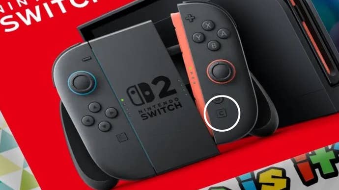 A close-up of an official Nintendo promo image showing the Switch 2. Its ‘C’ button is circled in white.