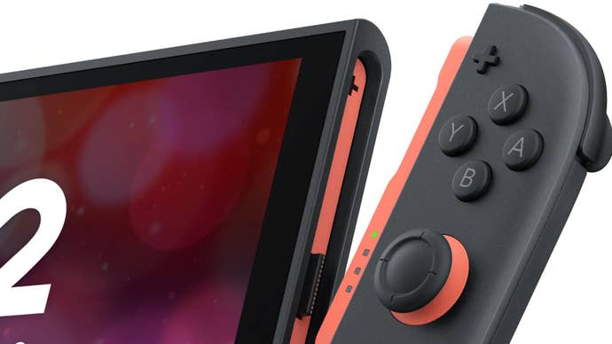 Closely cropped image of Switch 2 showing a portion of its handheld screen and the right Joy-Con.