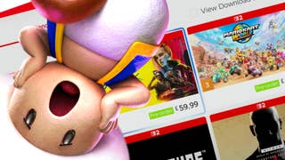 Shocked Toad (upside down) looking shocked in front of Switch 2's eShop.