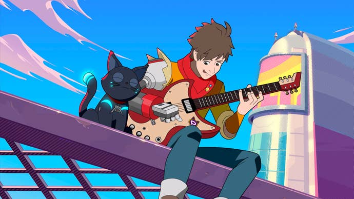 The main character of Hi-Fi Rush, which is rumoured to be heading to the Switch 2, playing a guitar.