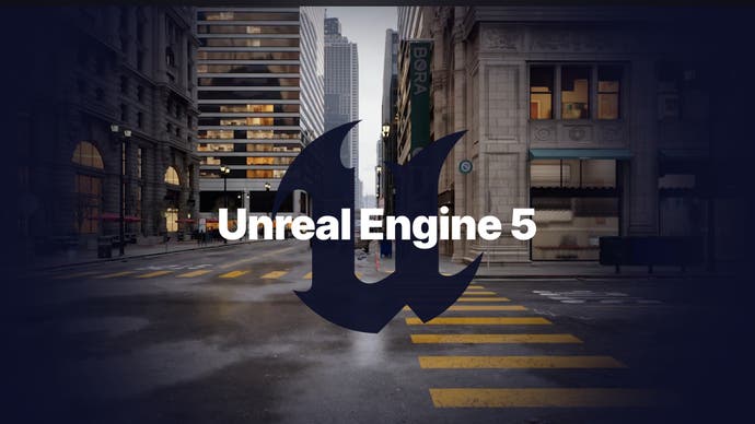 The logo for Unreal Engine 5, against a city backdrop. Unreal Engine 5 games are rumoured to be coming to the Switch 2.