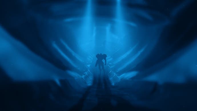Metroid artwork showing a silhouette of Samus Aran standing in a dimly lit environment, potentially emerging from a spaceship.