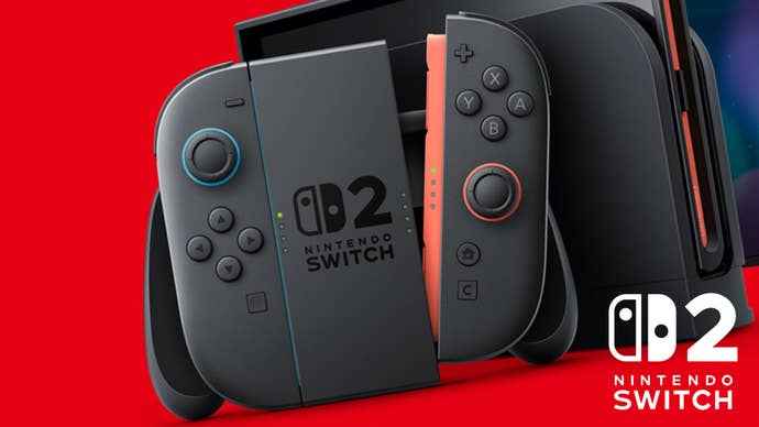 Switch 2 positioned at a slightly jaunty angle against a red background.