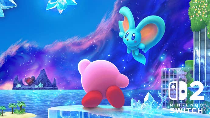 Promotional art for Kirby and the Forgotten Land on Switch 2 showing Kirby standing on a crystal platform looking out over an ocean as an ominous purple cloud engulfs the skyline.