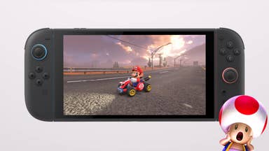 Nintendo Switch 2 console playing Mario Kart World with shocked Toad in the corner