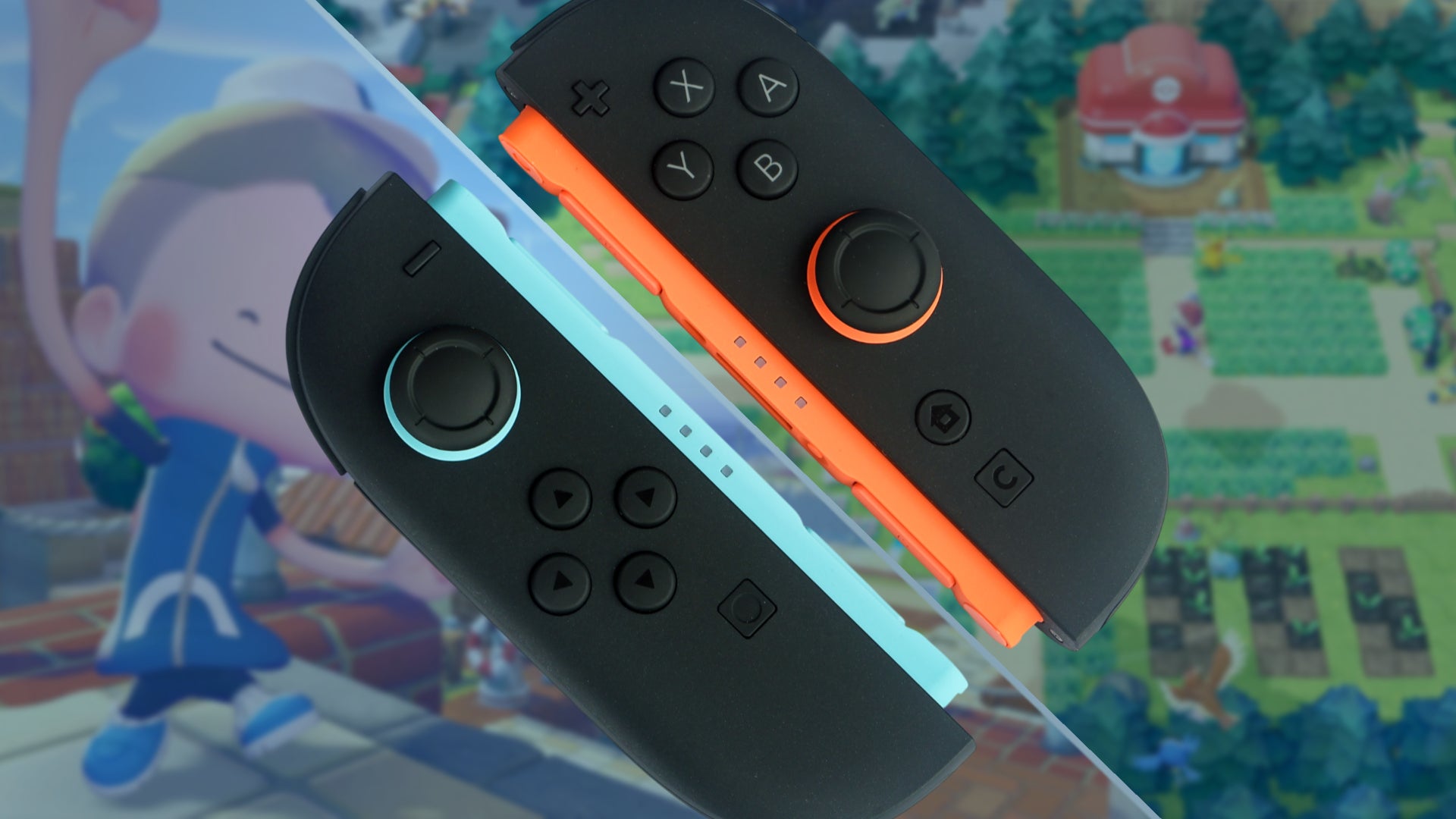 A pair of Switch 2 JoyCon over the top of a split image featuring Dittoin Pokopia and a route from Pokemon's Kanto region.