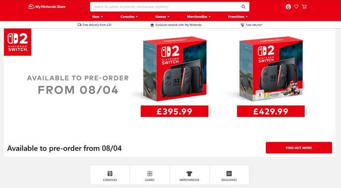A screenshot of the Nintendo Store showing the Switch 2 prices.