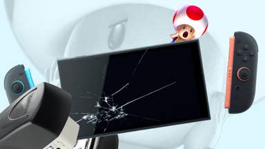 Shocked Toad looking shocked as a stapler shatters a Switch 2 screen.