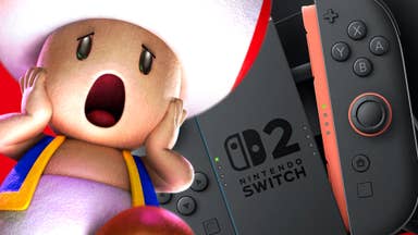 Shocked Toad looks shocked in front of a Switch 2.
