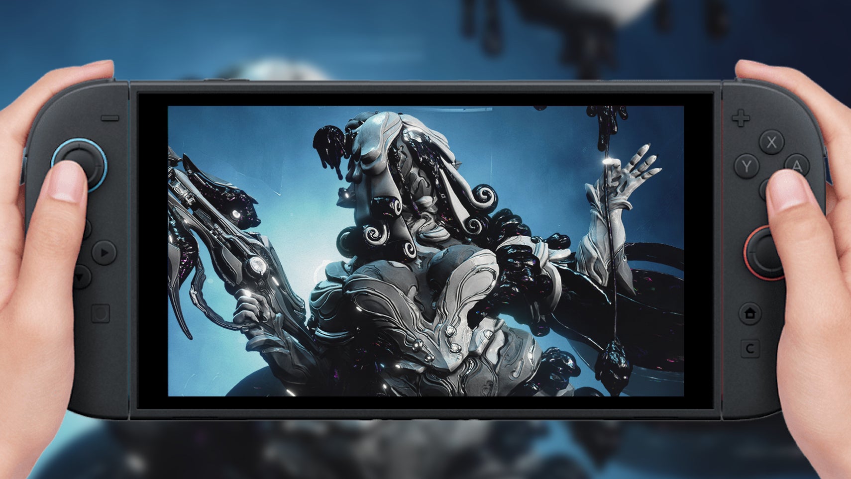 Artwork from Warframe's The Shadowgrapher update superimposed onto the screen of a Switch 2.