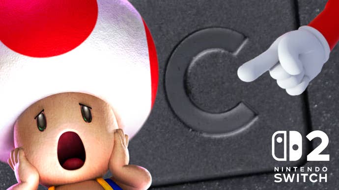 Toad looks on in horror as Mario’s finger enters the frame to press Switch 2’s ‘C’ button.