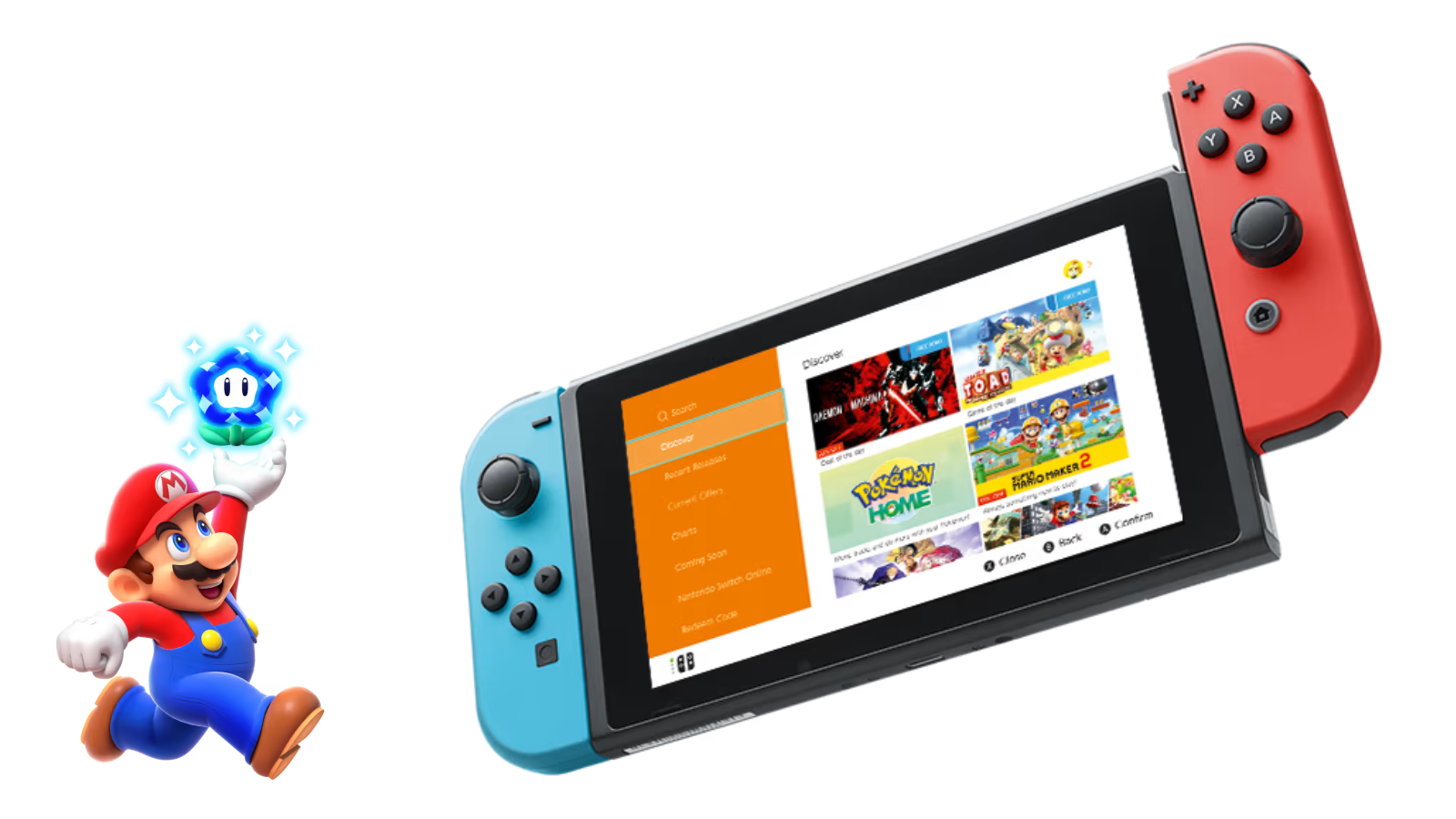 Nintendo Switch console with eShop on the screen, with Mario in the corner of image leaping for a Wonder Flower